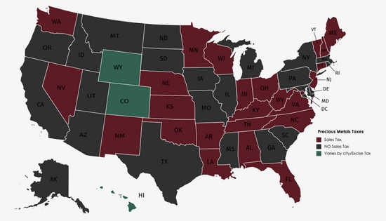 Map of US that shows states with tax on metals