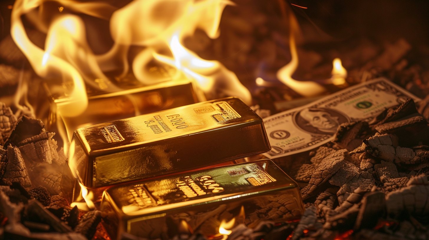 Gold glistens as dollars burn